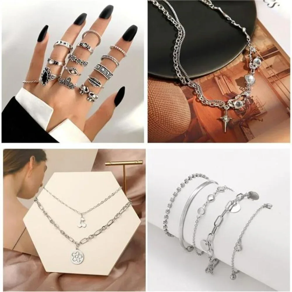 37pcs silver jewelry set necklaces bracelets hoop earrings rings cuffs for women
